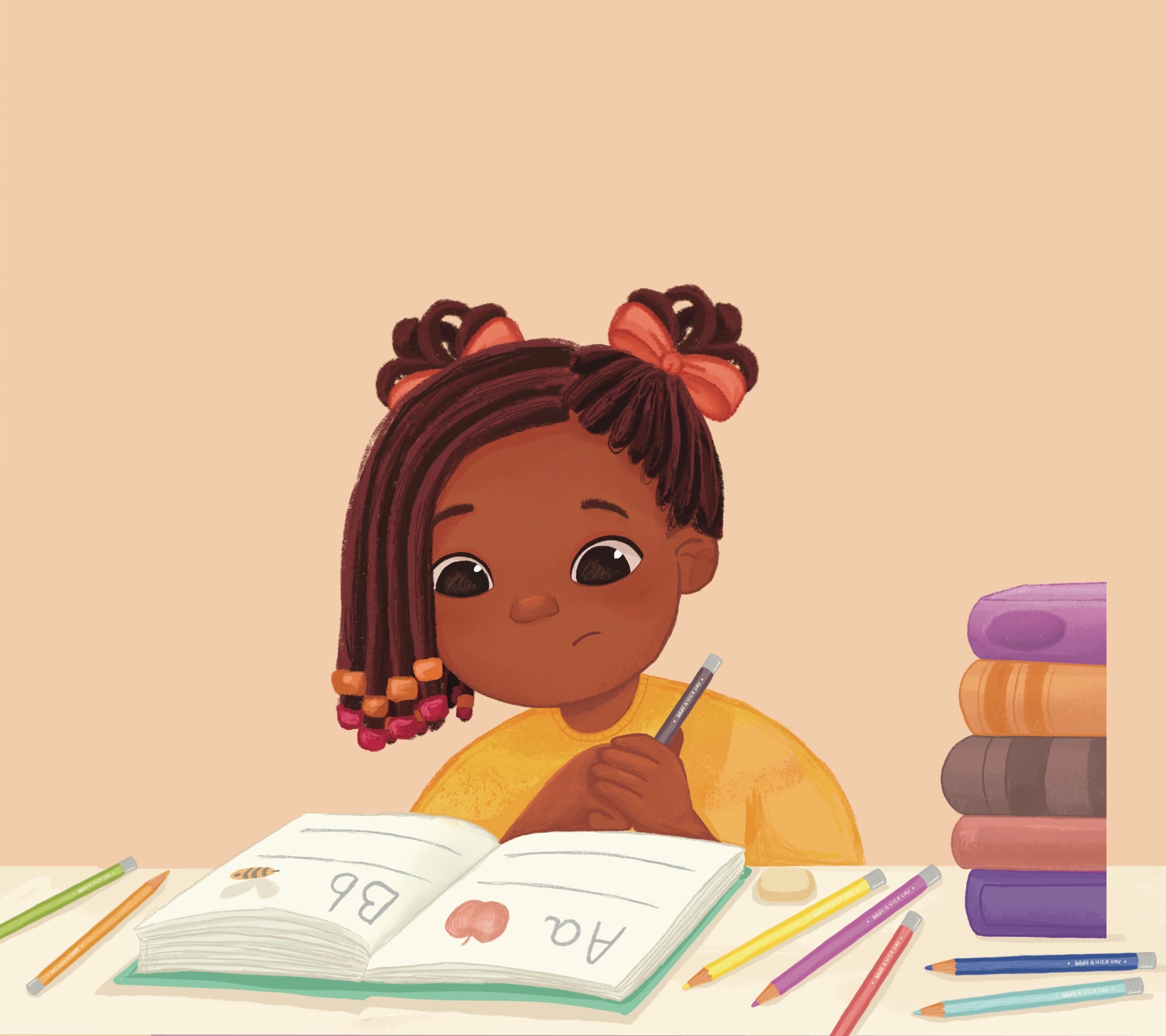 Lola writing at her desk