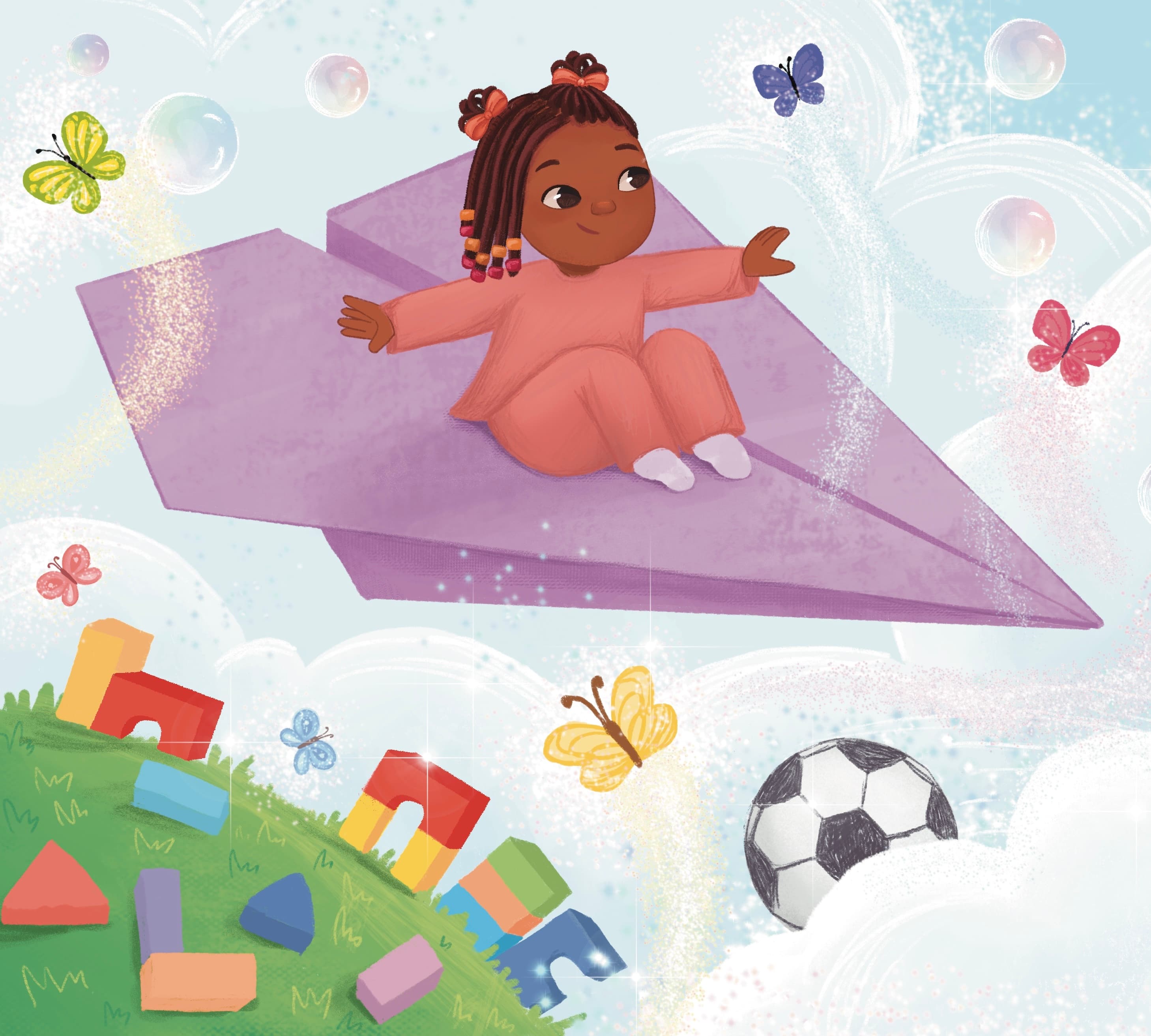 Lola flying on a paper airplane